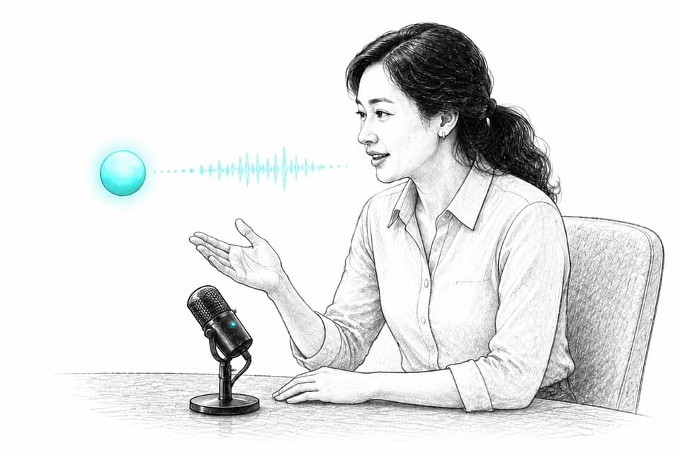 A manager practising aloud with a microphone and a teal AI voice orb.